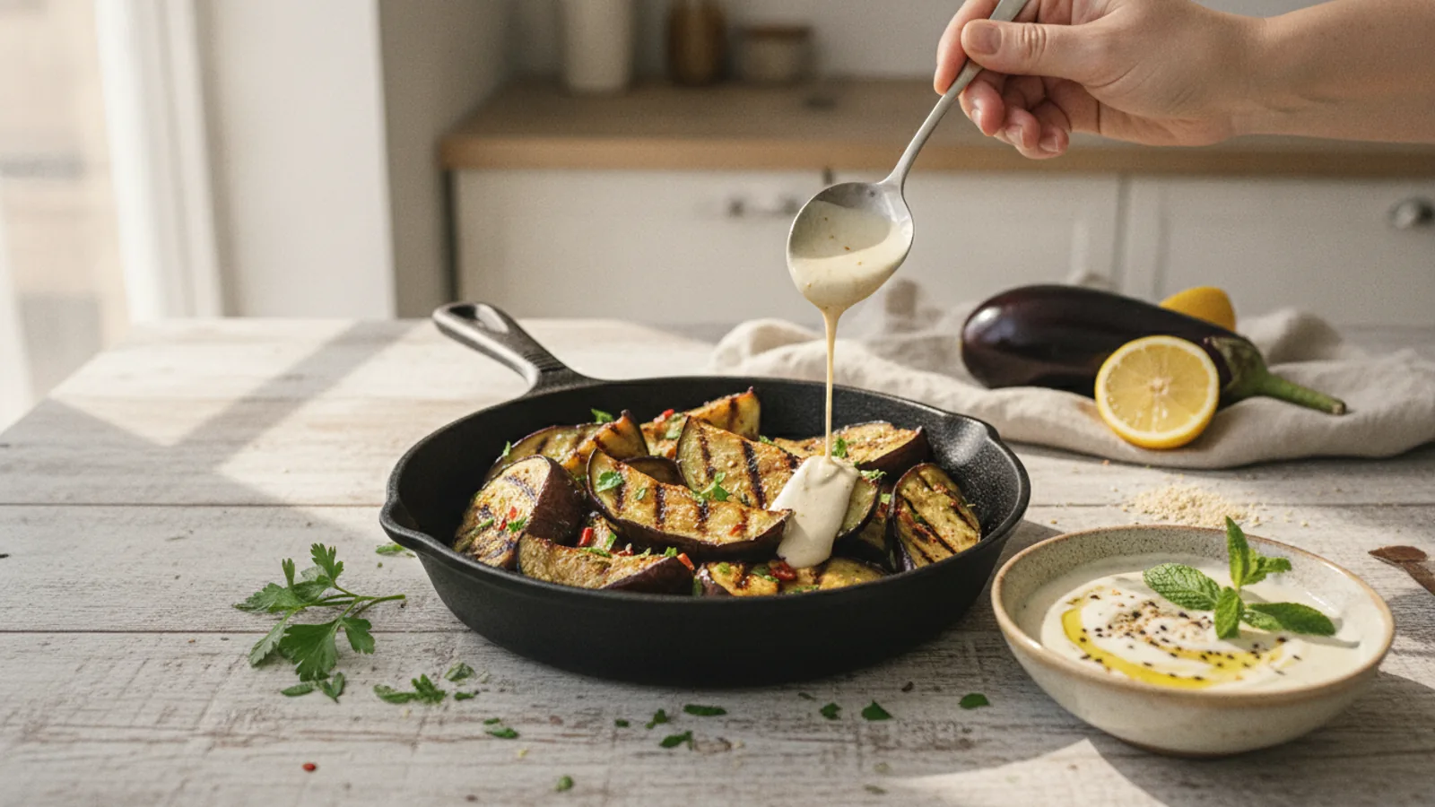 Aubergine Wedges With Tahini Dressing